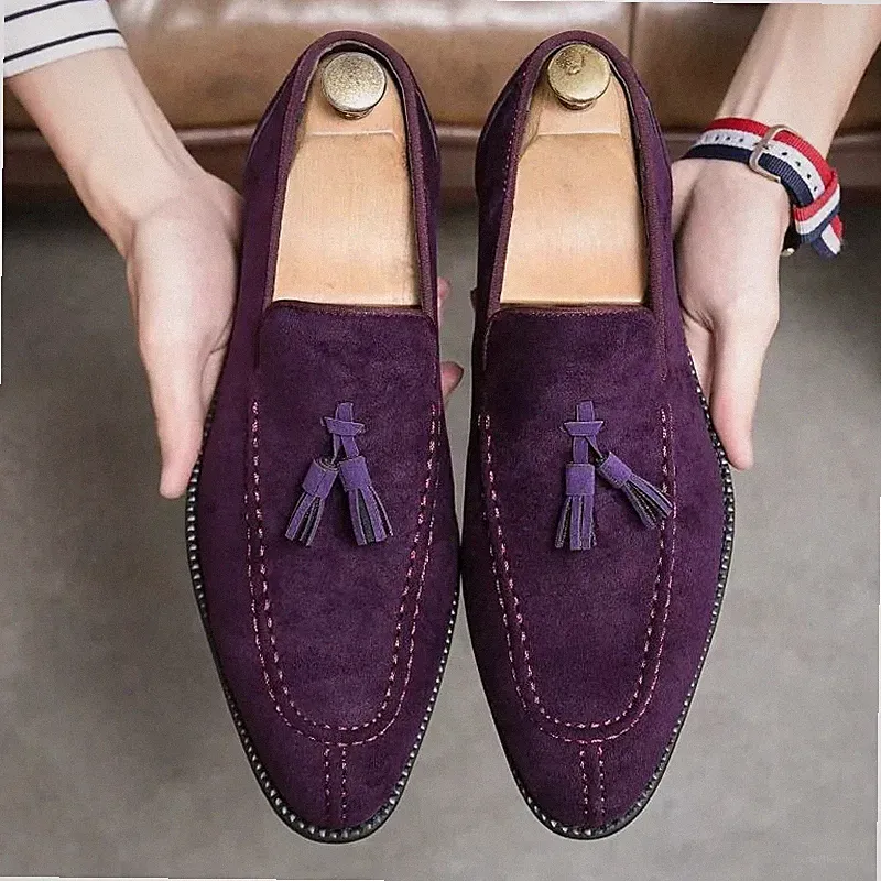 Eleganter Herren Halbschuh Lila Wildlederoptik Nappaleder Zeremonie Slipper H5R8L