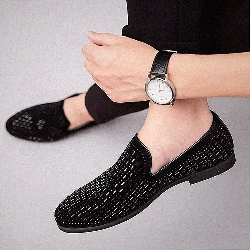 Eleganter Herren Halbschuh Slipper mit Strass schwarz für Zeremonie und Party 8V4QK