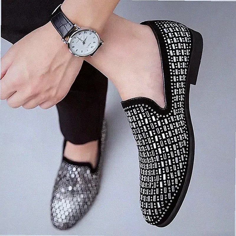 Eleganter Herren Halbschuh Slipper mit Strass Silber für Zeremonie und Party 8V4QK