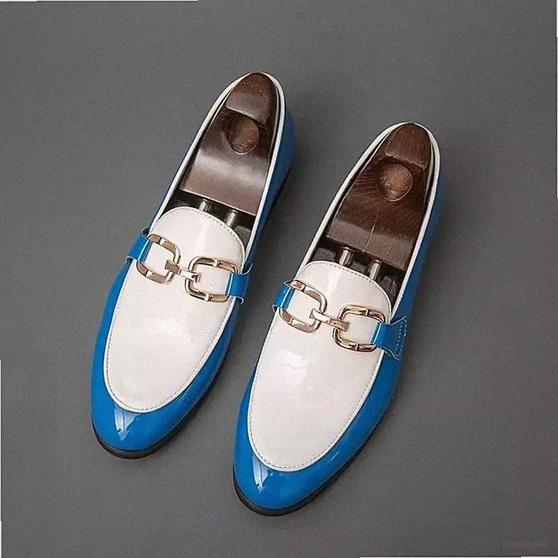 Eleganter Herren Halbschuh Weiß Blau Hochglanz Goldklemme Slipper Fashion 4N8KD
