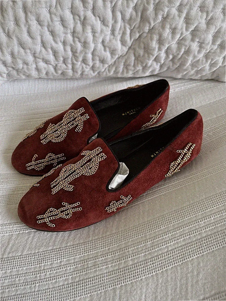 Emma Hyacinth Maroon Red Suede Gold Chair Dollar Sign Loafers Shoes Size 38 UK 5