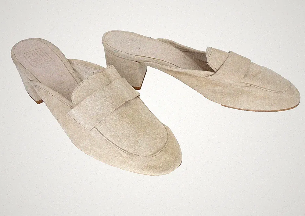 EMMSHU Wildleder Pantoletten Ivory Blockabsatz Wildleder Slipper Halbschuhe Größe EU 41 UK 7,5