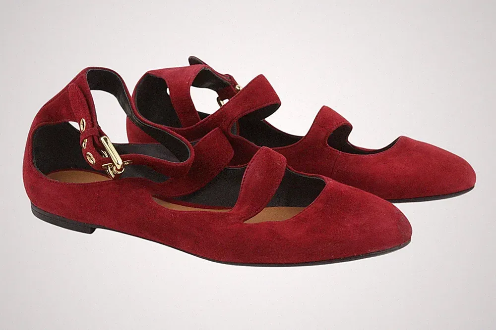 Emporio Armani X3D226 Damen Ballerina Flats EU37 Burgund Wildleder Leder Schnalle *
