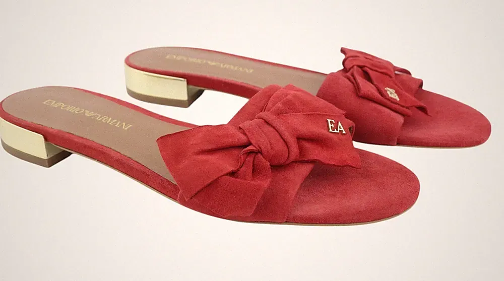 Emporio Armani X3P702 Damen Flats EU37 Rot Wildleder Leder Schleife Gold Detail *