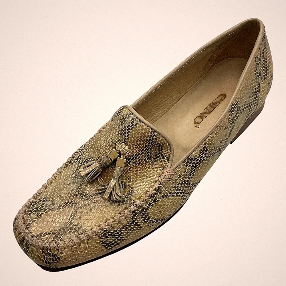 Esino Damen Halbschuhe UK 5 Beige Multi Schlangenmuster Leder Quaste Komfort Italien