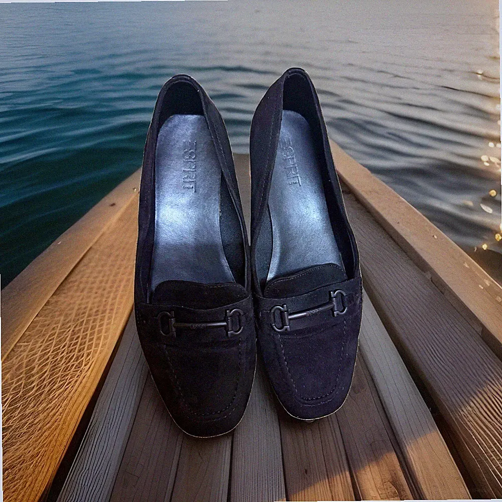 Esprit Damen Mokassin Loafer veg.Wildleder Schwarz EU 41 Slip-On Schnalle Karree