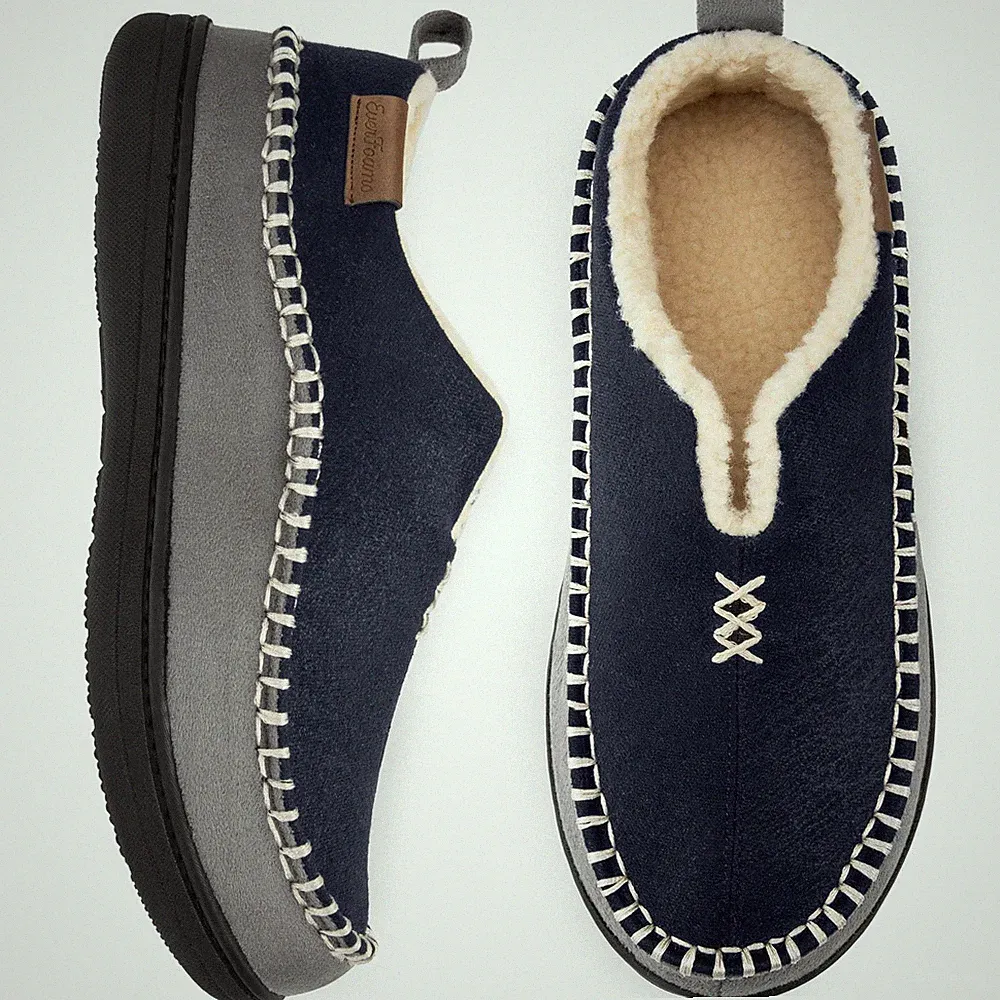 EverFoams Herren Mikro Wildleder Memory Foam Mokassin Slipper mit flauschigem Sherpa Lini