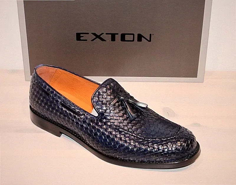 EXTON Flechtleder-Loafer Halbschuh Business Vintage Blau - Made in Italy - Neu !