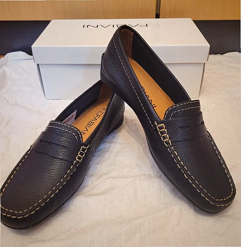 Fabiani Damen Slipper Loafer aus Leder Schwarz EU 38 mit Kontrastnaht