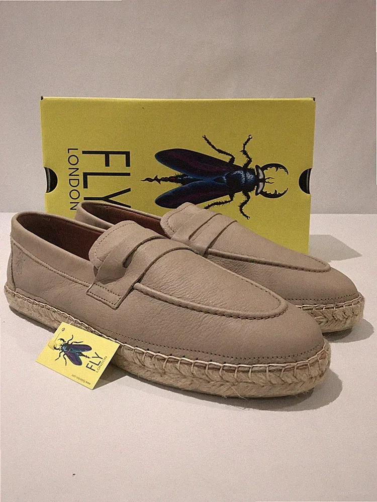 Fly London Espadrille Halbschuhe Herren Größe 12 Leder Beige Slipper Schuhe Neu/Defekt