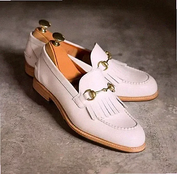 Formelle Schuhe Halbschuhe Fransen Echtleder weiß Handarbeit