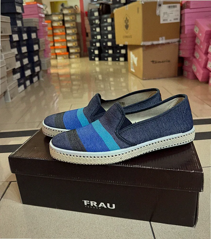 Frau 38J5 Stoff Halbschuhe blau und grau gestreift 40 SUPER LISTENRABATT