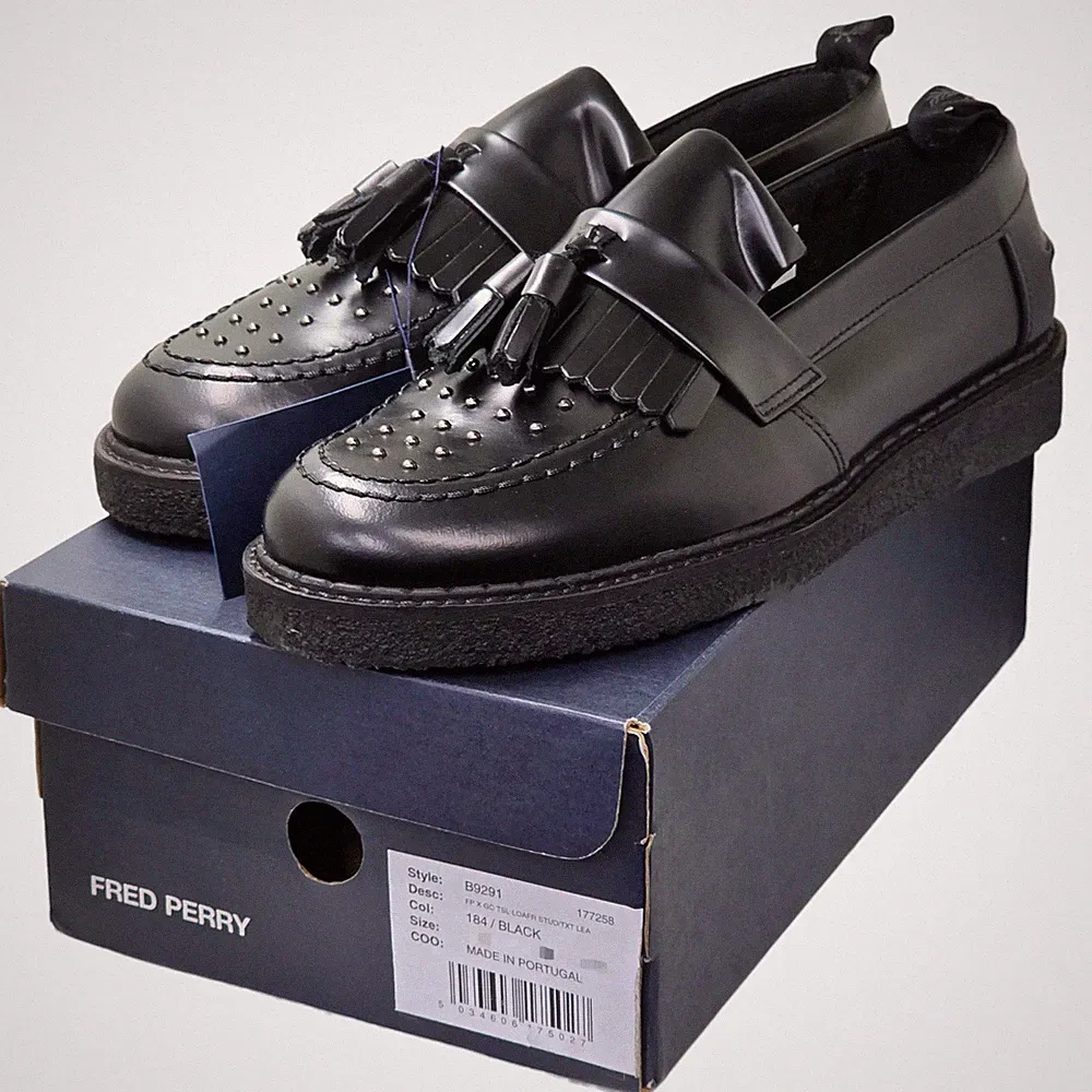 Fred Perry x George Cox Tassel Loafer UK 3 Schwarz Nieten Leder Schuhe