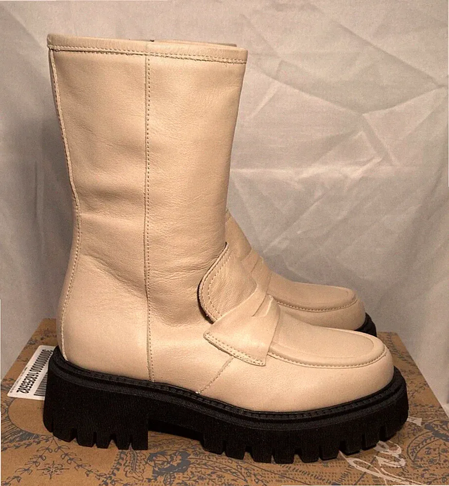 Free People Madison Elfenbein Leder Reißverschluss Loafer Stiefelette Gr. UK 4 / 37