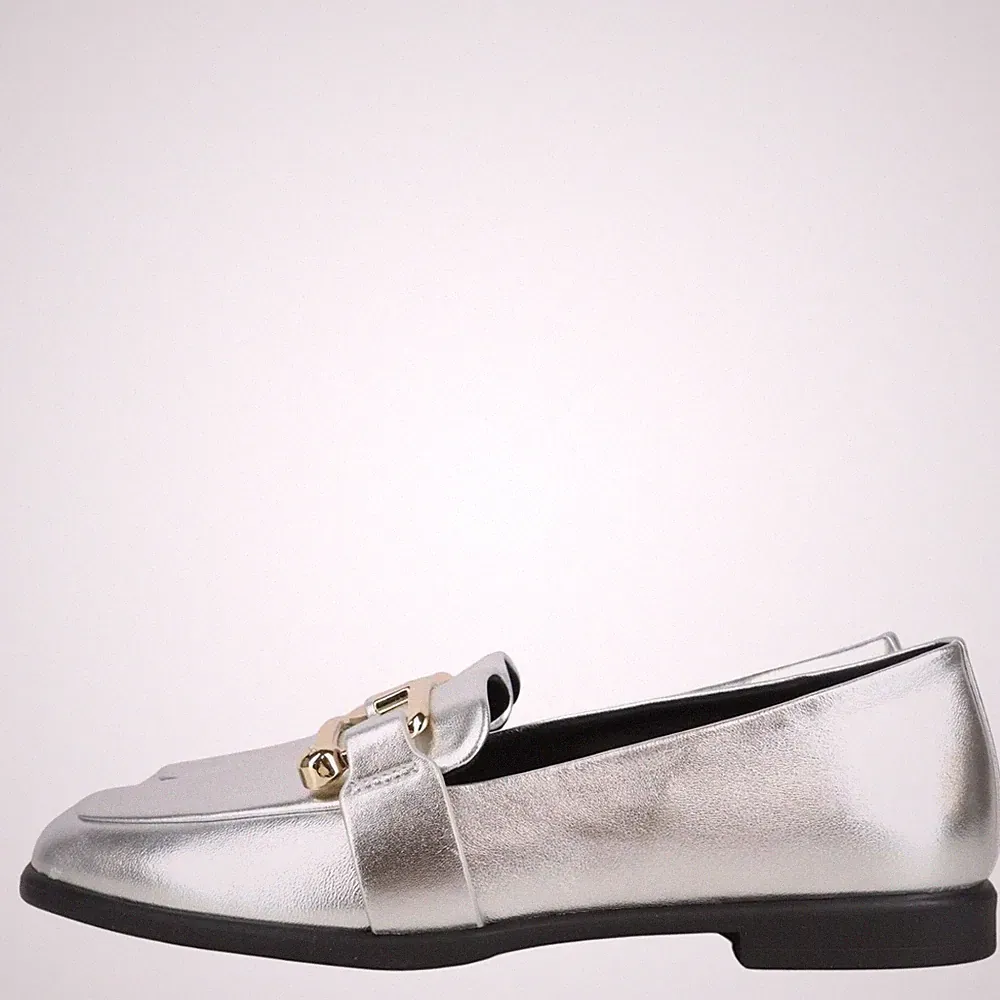 Furla Damen Schuhe Loafers Gr. 38 Silber Leder Halbschuhe Mokassins