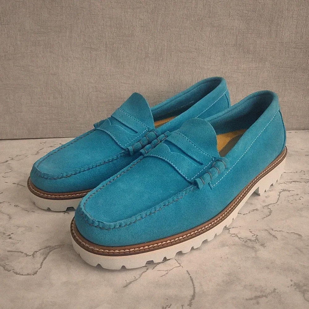G.H. Bass Weejuns 90s Larson Penny Loafers. UK Größe 8. Hellblaues Wildleder