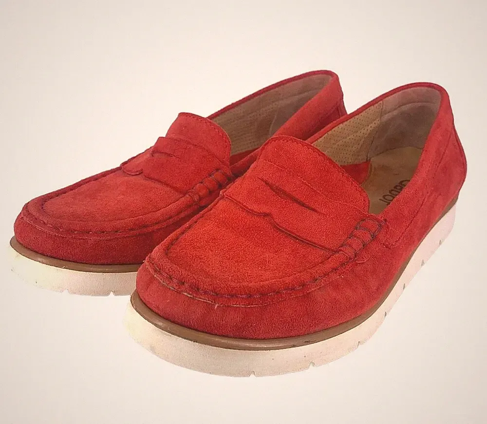 Gabor Damen Wildleder Mokassins UK 4,5 rot Handarbeit Slipper Comfort Flats