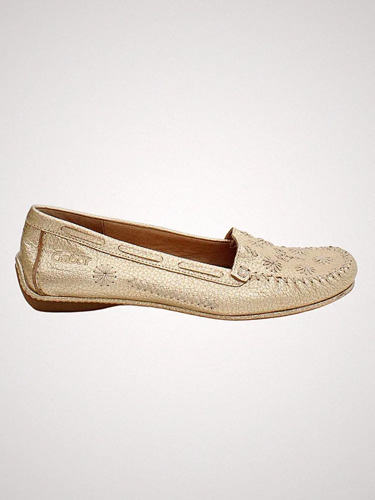 Gabor flache Damenschuhe UK 6,5 gold geblümt 100% Leder Halbschuh