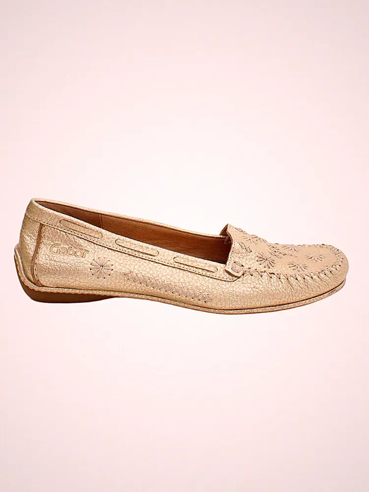 Gabor flache Damenschuhe UK 6,5 gold geblümt 100% Leder Halbschuh