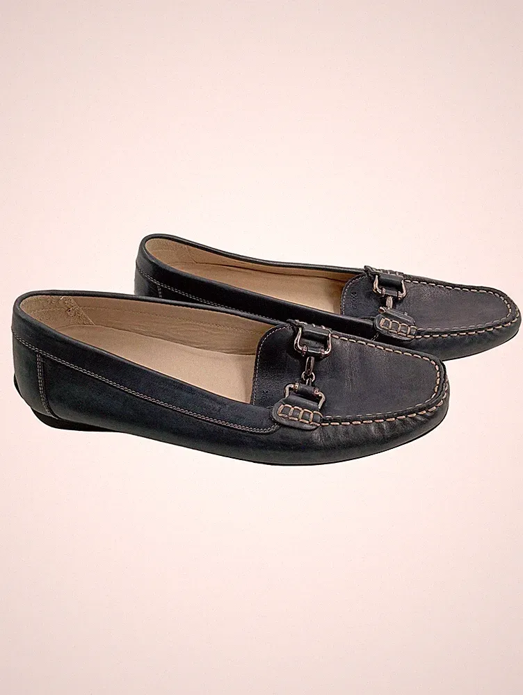 Geox Respira Damen Slipper Leder Loafer Gr. 39 Blau Metallic-Look