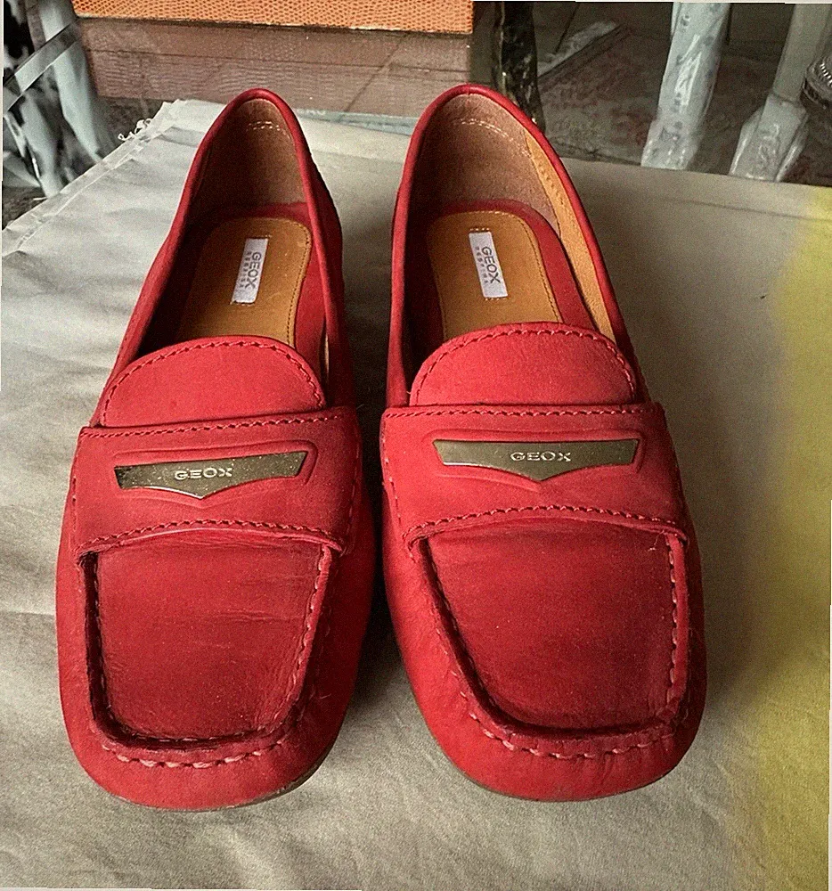 GEOX Slipper/Loafer Rot Leder Slip-On EU 38 Karree-Spitze Logo Freizeit