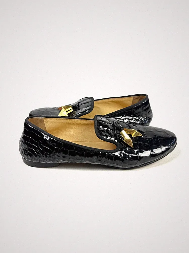 Giuseppe Zanotti schwarze Halbschuhe aus Leder mit Krokoprägung Gold Logo Grö...