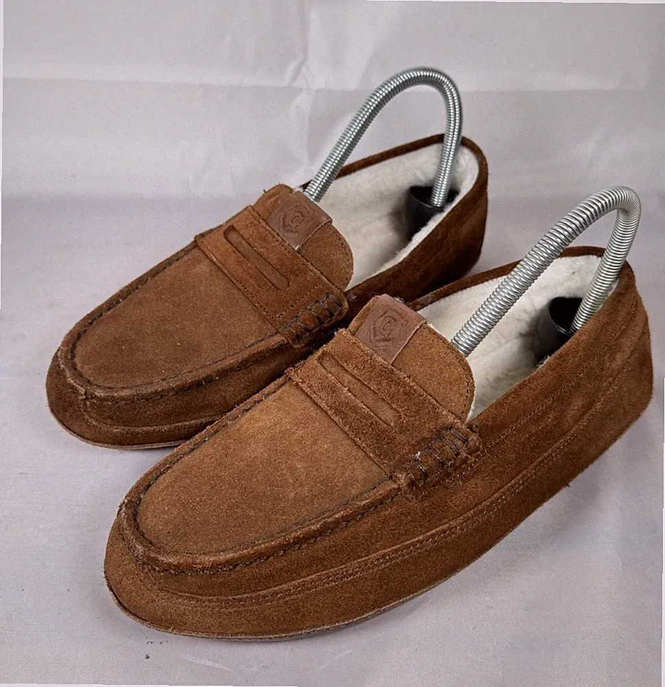 Grenson braune Leder & Lammfell gefütterte Wildleder Loafer Hausschuhe UK 3