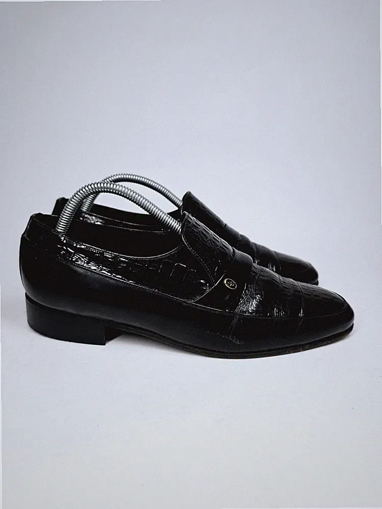 Grenson Footmaster Croc Embossed Leather Loafers England Green Black UK 7,5