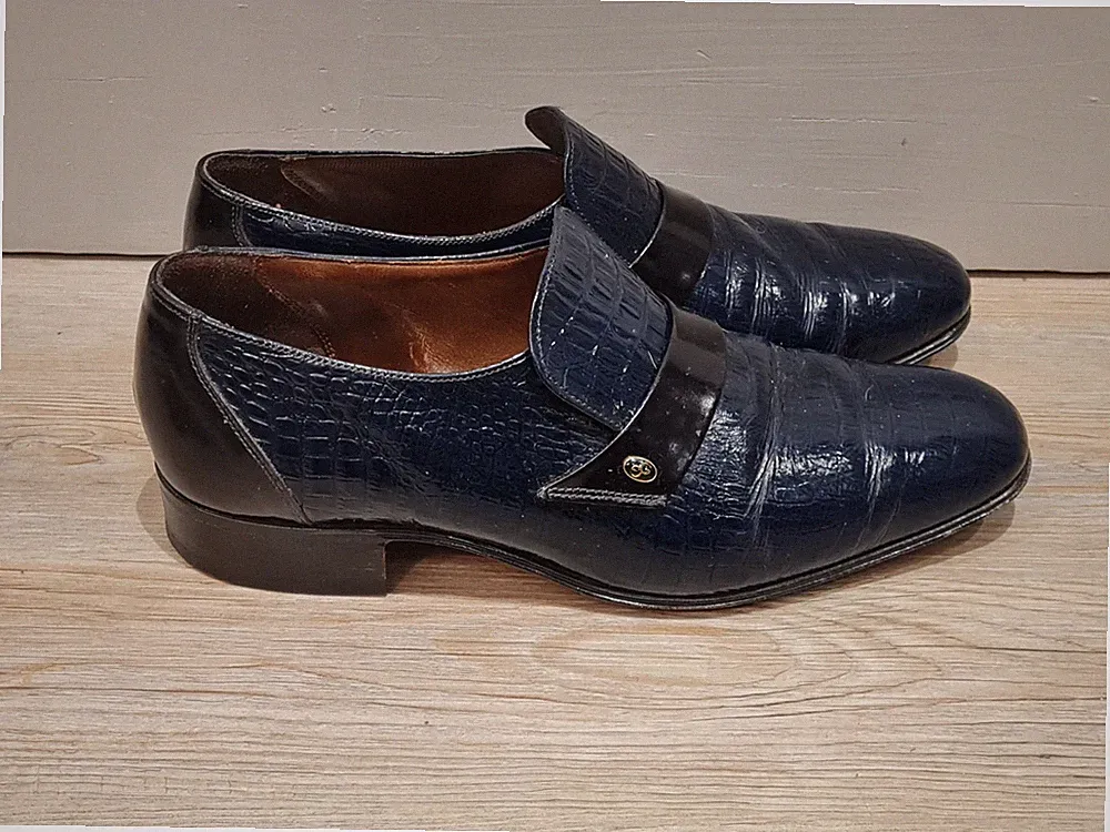 Grenson Herren Blau Krokodil Halbschuh Slipper Vintage Schuhe Gr. 7,5 Schwarz Vintage