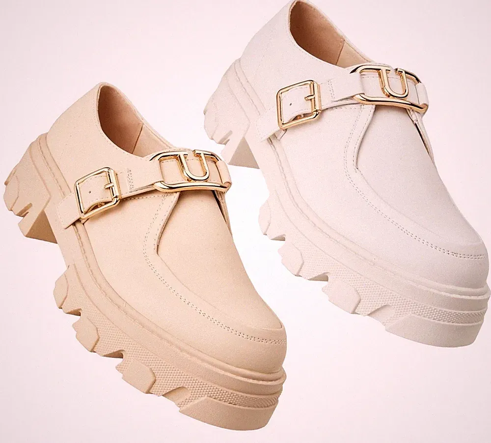 Grobe Damen-Halbschuhe goldene Schnalle Plateauschuhe Smart Freizeit Trendy weiß beige