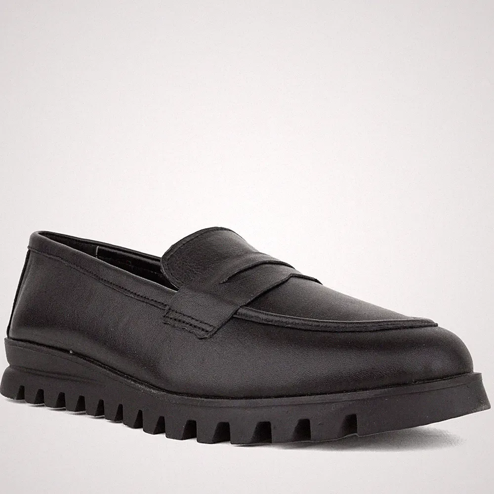 Grüner Schuhe Munich Damen Schwarze Leder Loafer Freizeit GRU6587-25202-LEBLK