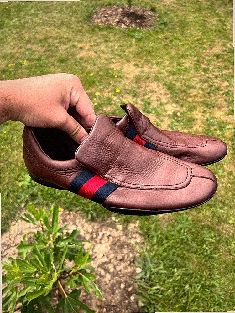 Gucci 108445 Herren Halbschuhe UK 7 Braun Kupfer Leder Rot Blau Streifen Schuhe