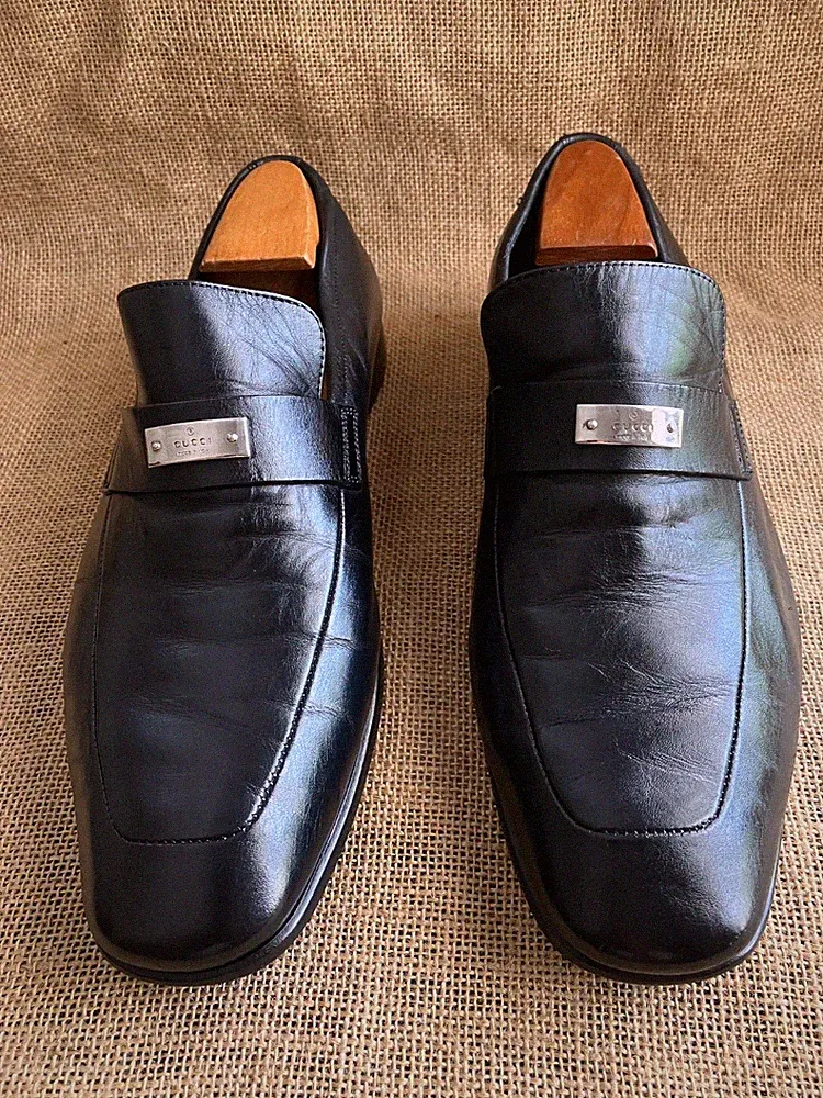 Gucci 253304 Herren Schwarz Leder Slipper Halbschuhe Größe UK 6 || US 7