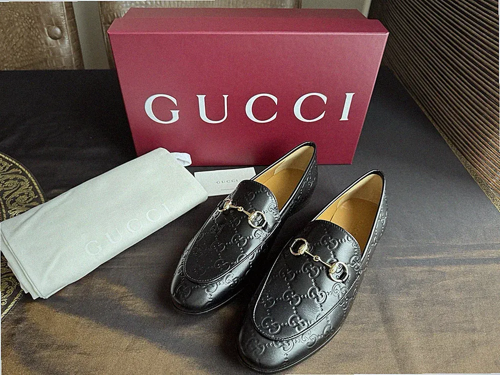 GUCCI 786016 GG Jordaan Leder Loafer mit Horsebit Schwarz EU 37,5 US 7,5 UK 4,5