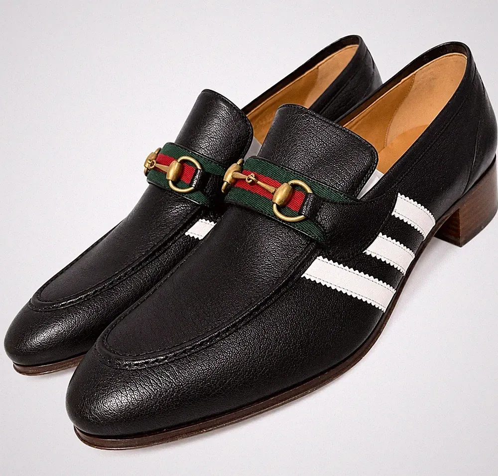 Gucci Adidas Herren Halbschuhe Schwarz Leder Horsebit Weiß Streifen Größe 14UK/15US