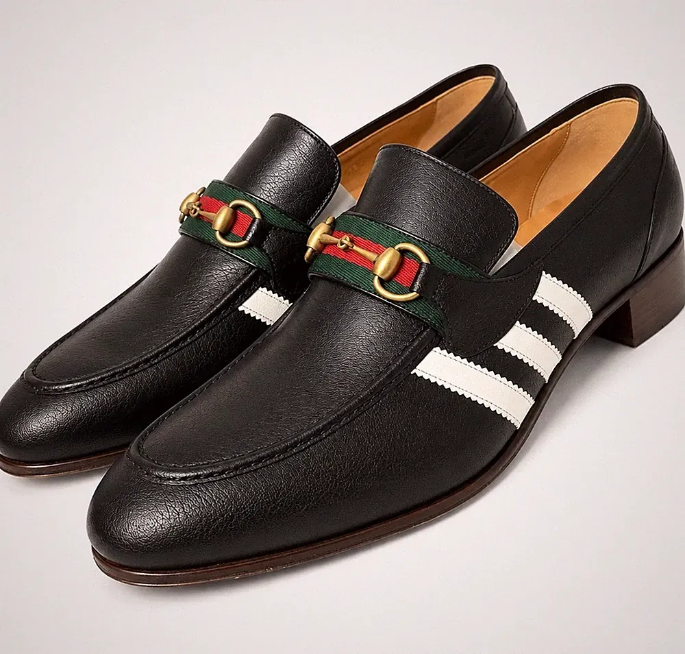 Gucci Adidas Herren Leder Halbschuhe Schwarz Horsebit Weiß Streifen Gr. 13,5UK/14US