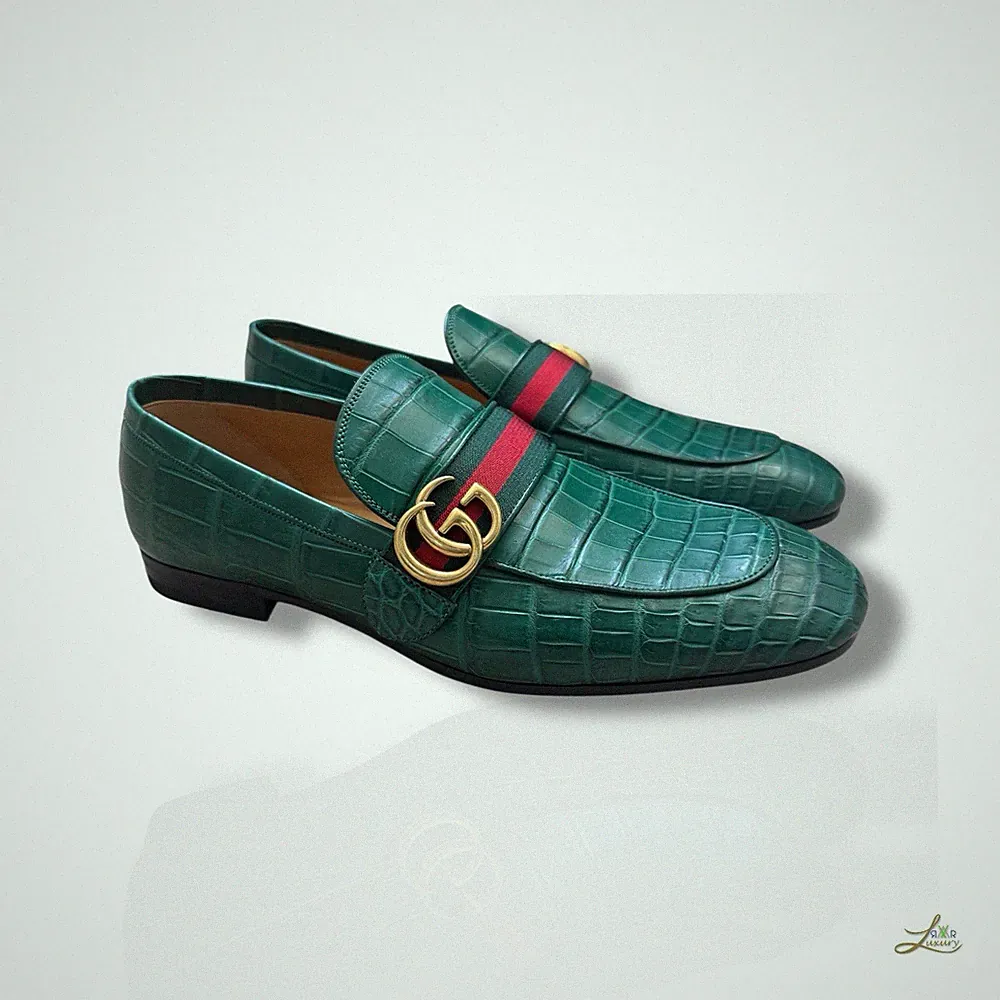 Gucci Alligator Leder Edel Halbschuhe Grün Wildleder Größe 43,5 Made in Italy