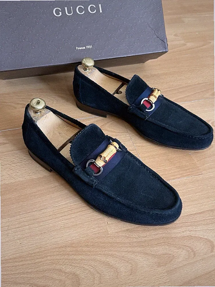 Gucci Bamboo Horsebit Herren Schwarz Wildleder Leder Web Halbschuhe Schuh Uk 8,5