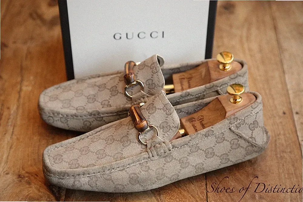 Gucci Beige Monogram Canvas Schuhe Bambus Bit Fold Down Halbschuhe Herren UK 6