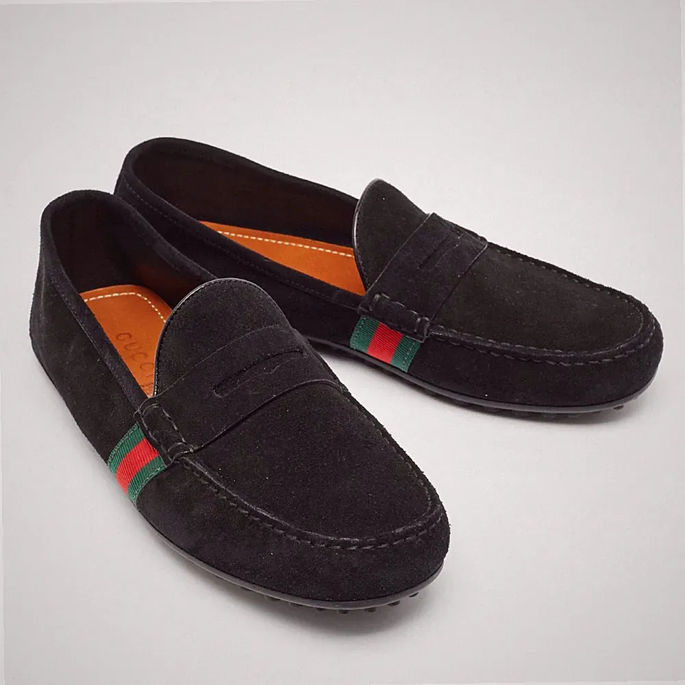 Gucci Black Suede Web Low Top Loafers Herren Schuhe Mokassin Veloursleder UK 7.5