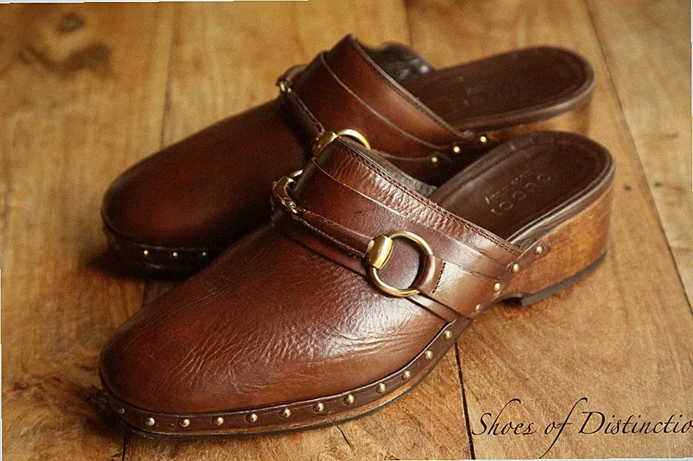 Gucci Braun Hellbraun Leder Messing Bit Pantoletten Halbschuhe Herren UK 10...