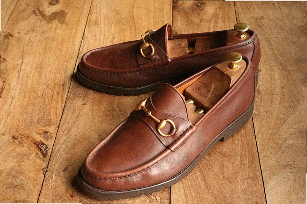 Gucci Braun Hellbraun Leder Silber Bit Halbschuhe Schuhe Herren UK 10 E US 11...