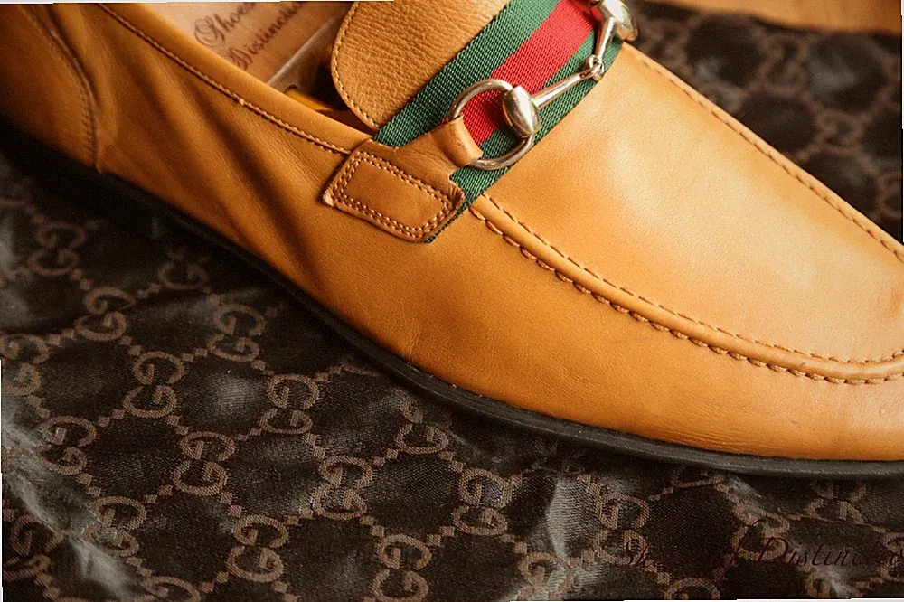 Gucci Braun Hellbraun Leder Silber Bit Halbschuhe Schuhe Herren UK 10 E US 11...