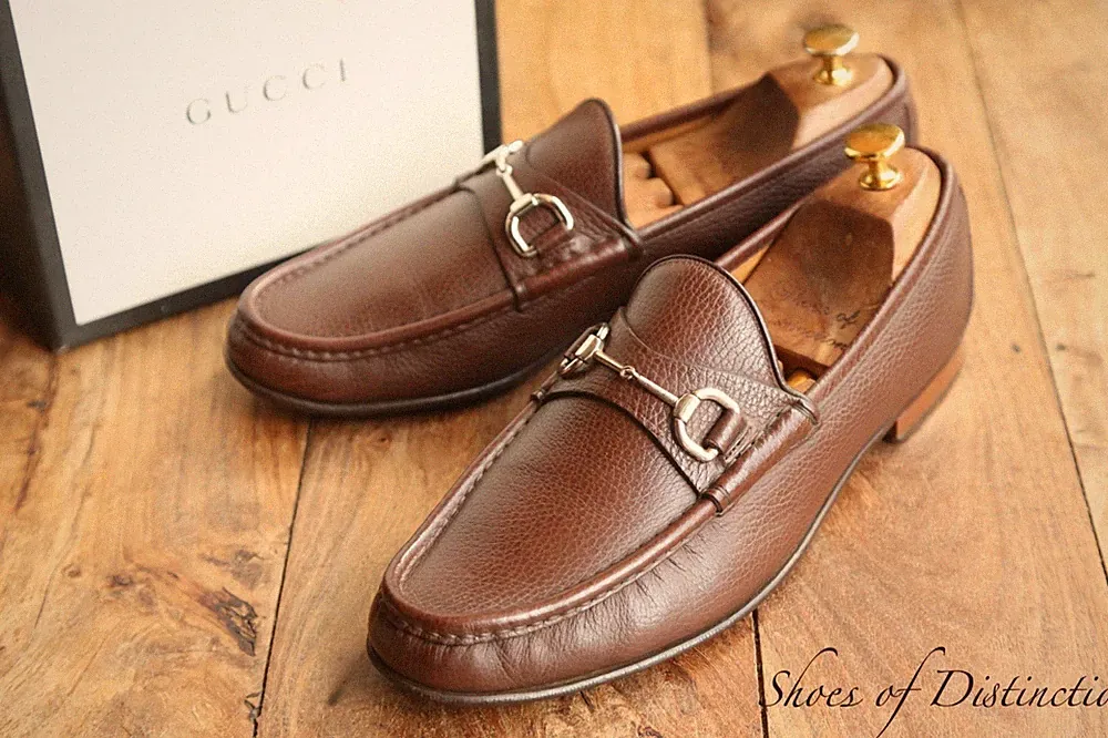 Gucci Braun Narbenleder Silber Pferd Gebiss Halbschuhe Schuhe Herren UK 10...