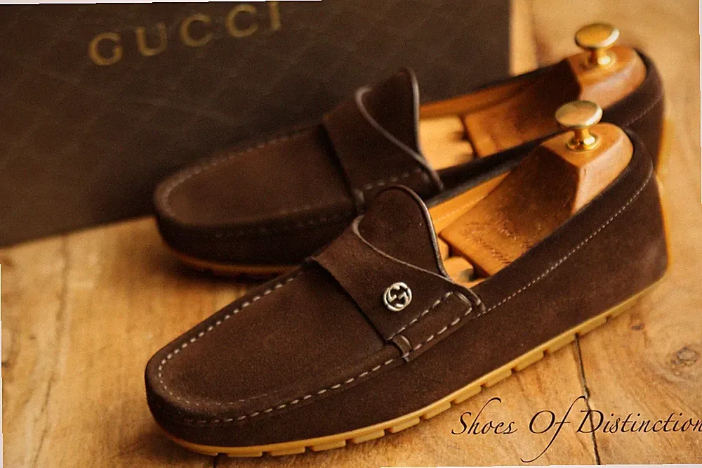 Gucci Braun Wildleder Silber GG Bit Halbschuhe Fahrschuhe Herren UK 5,5 US 6,5 NEU