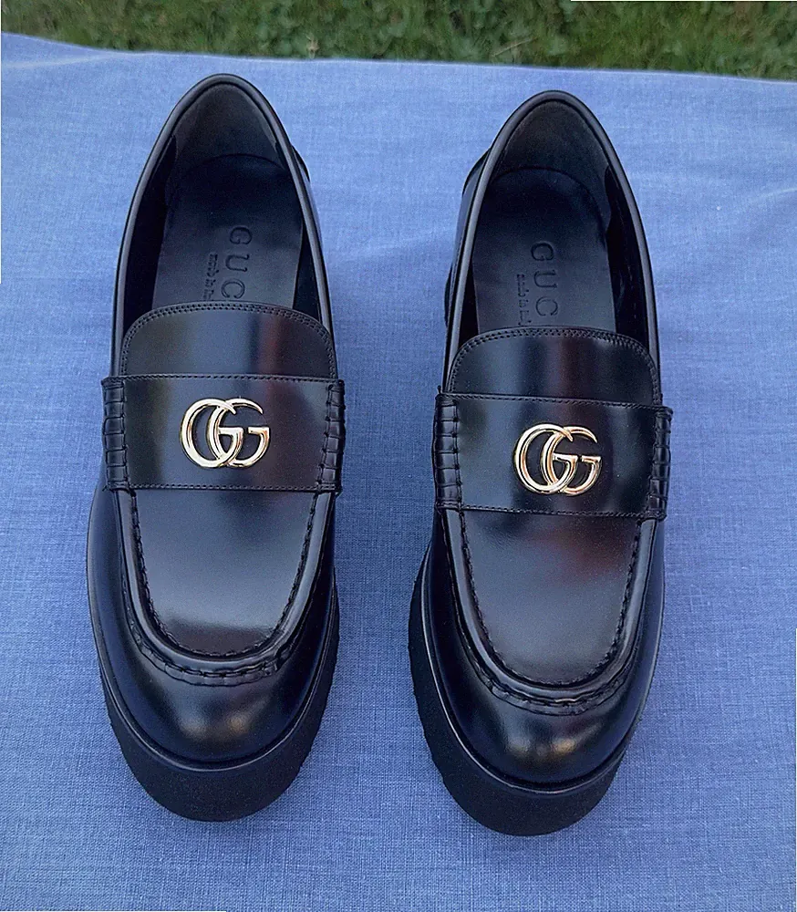 Gucci Damen Halbschuhe Leder Schwarz Logo GG Gold Plateau EU 40 MPN 816326
