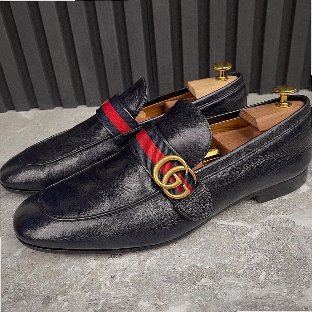 GUCCI Donnie Web Double GG Loafer Heels Blau Leder 10 G oder 10,5 US oder 44 EUR