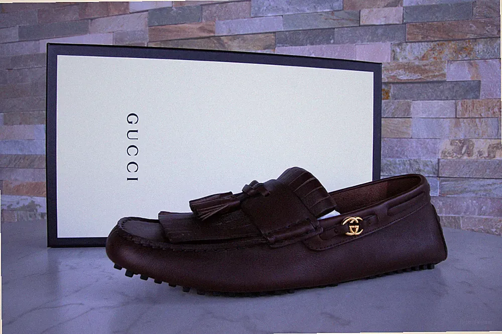GUCCI EU 41 7 Herren Mokassins Slipper Slip-On Loafers kakao neu ehem UVP 720 €