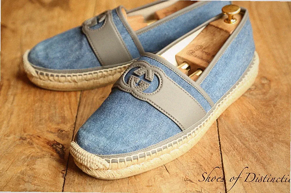 Gucci GG Blau Denim Grau Leder Halbschuhe Espadrilles Herren UK 8 EU 42 US 9
