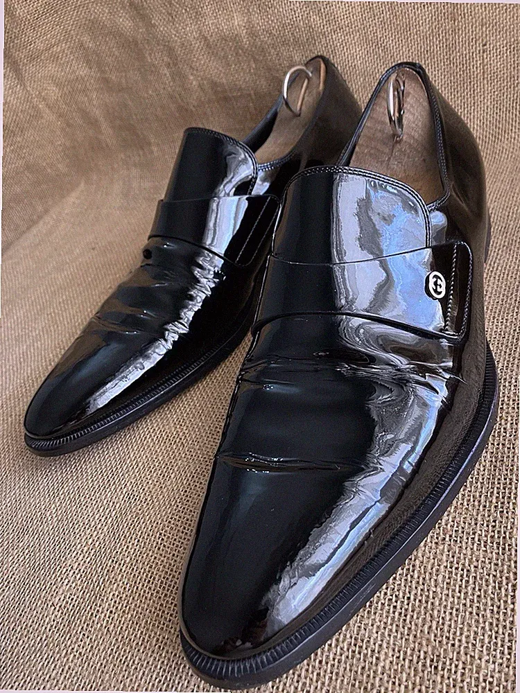 Gucci GG Herren Schwarz Lackleder Slipper Halbschuhe Größe UK 9 || US 10 / 38...